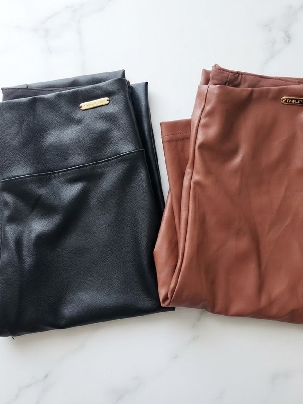Fabletics Lot 2 Faux Vegan Leather Leggings High Waist Black Tan XS